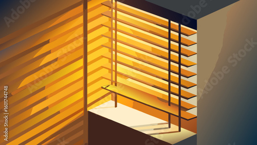 A close-up view of a window with wooden blinds, partially open, with sunlight streaming through and casting a shadow. It represents interior design, light, and privacy.