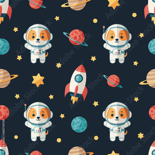 Adorable astronaut puppies and rocket seamless pattern, perfect for kids' products, fabrics, and wallpapers.