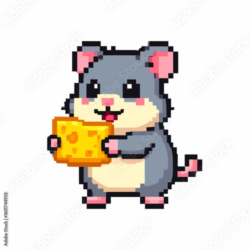 Adorable pixel art hamster happily holding a large piece of cheese.
