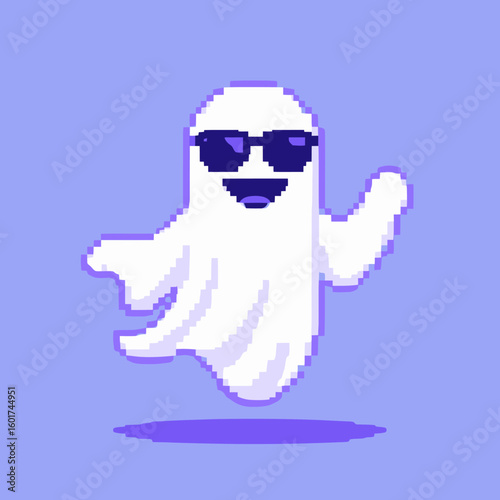A happy, waving pixelated ghost wearing cool sunglasses floats against a purple background.