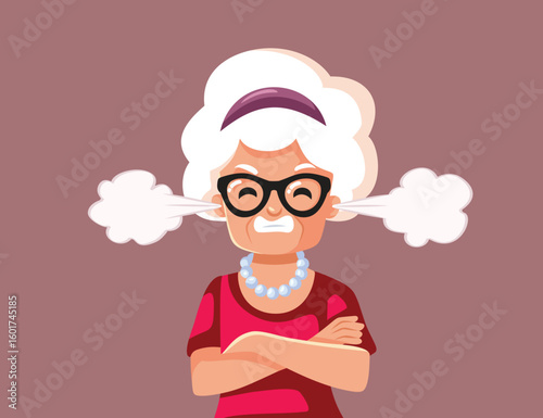 Angry Granny Fuming with Rage Vector Cartoon Illustration. Infuriated pensioner with arms crossed manifesting rage 

