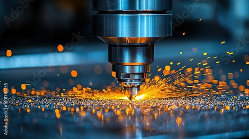 Metalworking machine cutting metal with sparks.