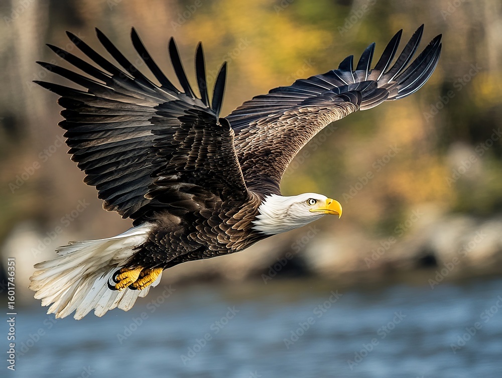 Fototapeta premium A majestic bald eagle soars through the air with its wings fully extended, capturing a moment of powerful flight over a body of water.
