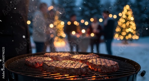 Friends grilling steaks outdoors in winter