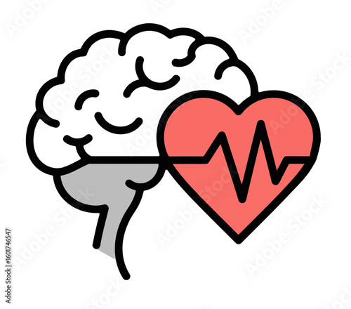 Brain and heart illustration with heartbeat line design  