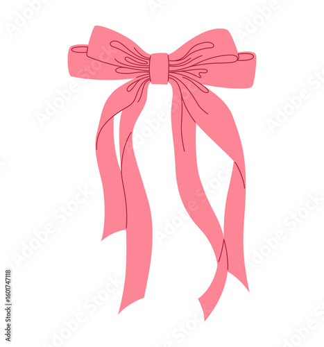 Ribbon bow hand drawn vector illustration. Trendy elegant tape design element for celebrating Valentines Day, wedding birthday decoration. Cartoon bow tie knot gift ribbon, silk hair unique accessory