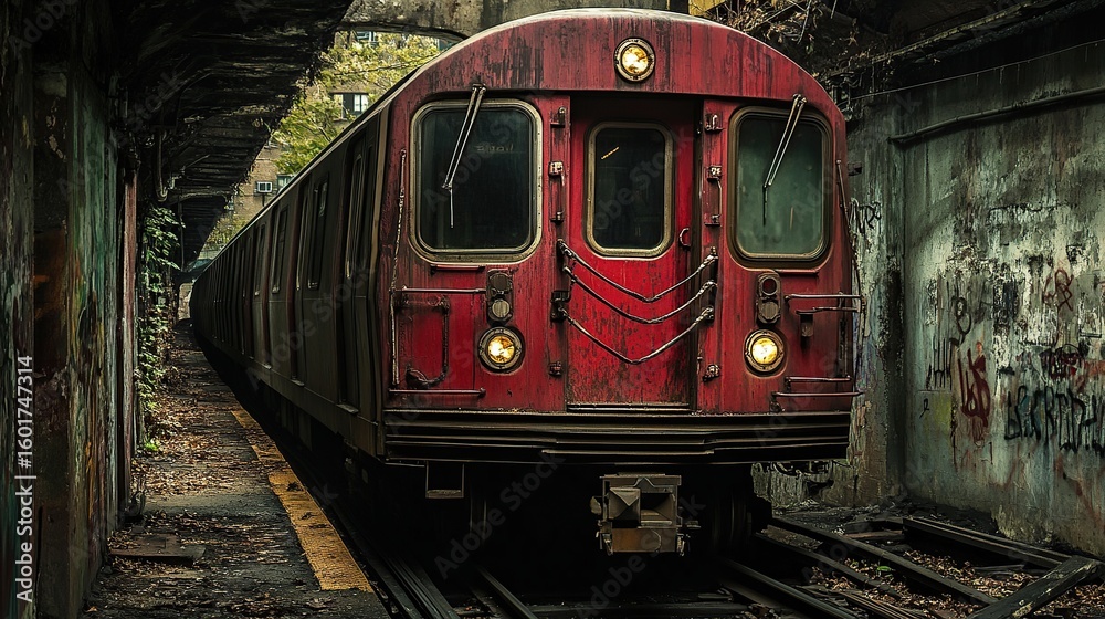 Fototapeta premium A vintage subway train emerges from a dark, gritty tunnel, its red paint faded and weathered, creating a sense of urban decay and forgotten history.