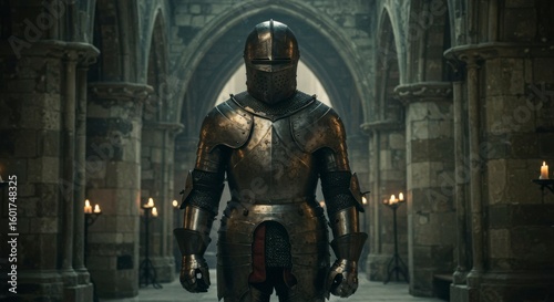 Medieval knight in full plate armor, stands within a grand cathedral