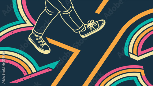 Colorful Geometric Illustration of a Person Walking with Vibrant Rainbow Arcs