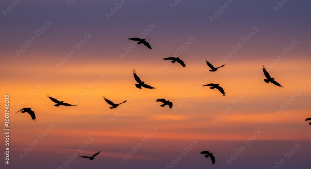 Fototapeta premium Silhouette birds in vibrant sunset sky