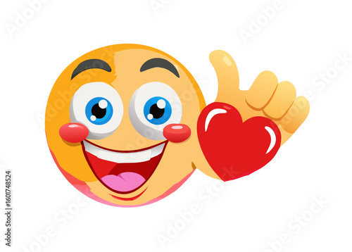 Finger heart emoji clipart 3d character. Emoji face in love, winking, happy, cute, smiling and funny facial expression with love hand sign graphic element. Vector illustration finger heart emoticon