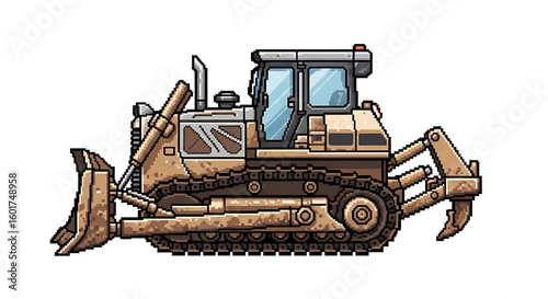 A detailed side view illustration of a tan construction bulldozer with a front blade and rear ripper.