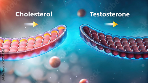Cholesterol as a steroid precursor concept. Illustration of cholesterol and testosterone molecules in detail.