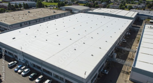 Aerial view of large industrial building with a white flat roof