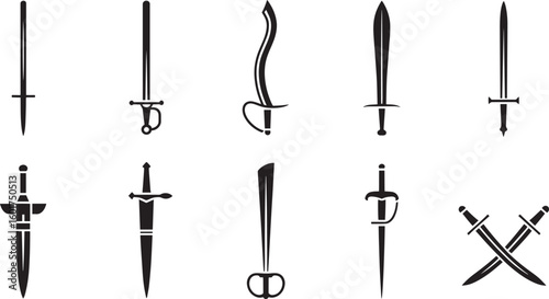 Collection of Medieval Swords Silhouettes Vector Illustration on Transparent Background