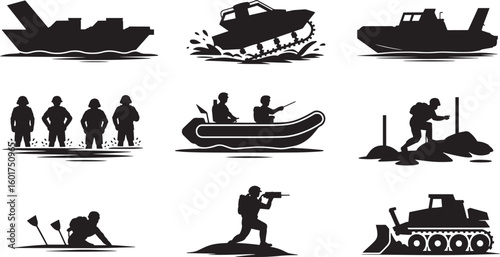 Collection of Military Vehicles and Personnel Silhouettes on Transparent Background