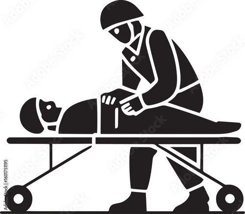 Combat Medic Treating Wounded Soldier on Stretcher Silhouette Vector Illustration Graphic