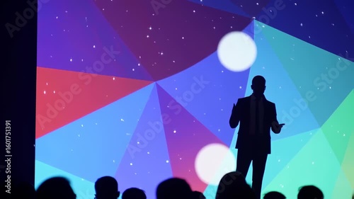 Silhouetted speaker at a conference