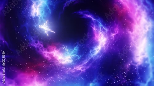 Spacecraft navigating a swirling nebula