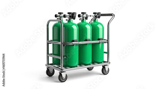 Metal cart holding three green gas tanks
