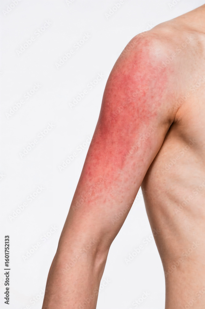 Naklejka premium Severe sunburn on young man's upper arm and shoulder