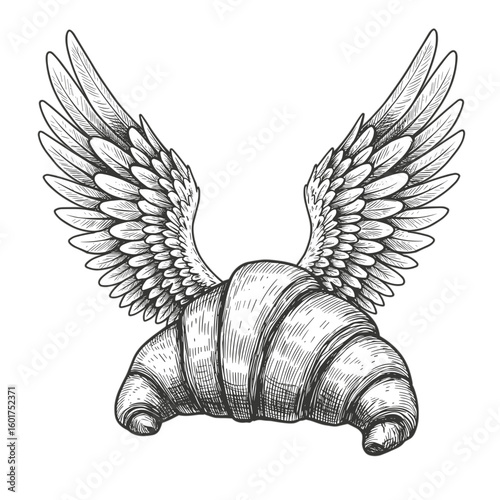 Engraved croissant with wings, black and white sketch, vintage vector illustration, retro style for label design, packaging design, restaurant menu and branding