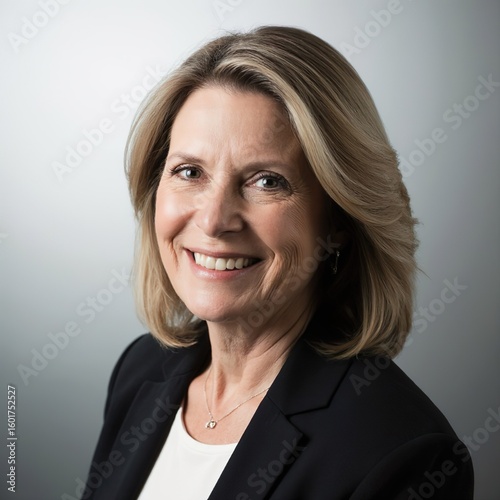 Happy elegant older mature lady posing for portrait standing in office. Beautiful middle aged business woman looking at camera, smiling 45 years old businesswoman leader executive at work.
