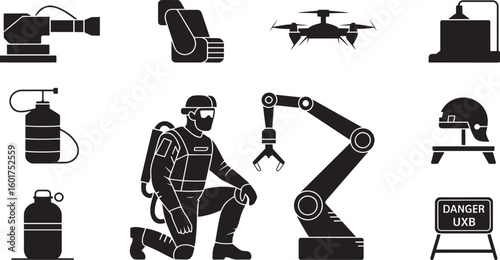 Hazardous Material Handling Silhouette Set Robotic Arms and Protective Gear Vector Design
