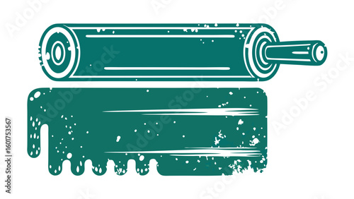 A stylized illustration of a paint roller, with a teal and white pattern on the roller itself and a dripping, splattered block of the same color below it, showcasing a textured, vintage look.