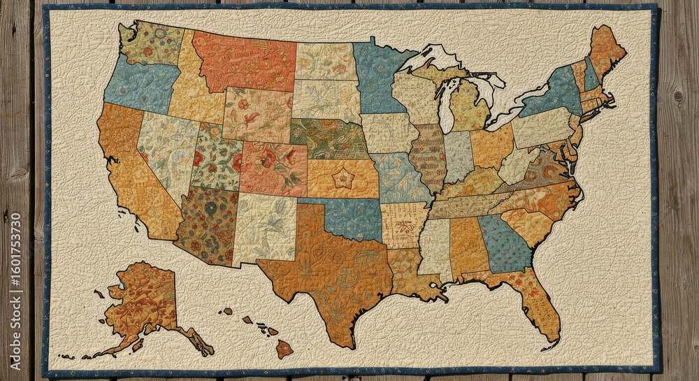 Naklejka premium USA map quilt, each state represented by unique fabric pattern. Warm, earthy tones dominate design