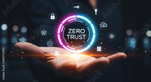Digital zero trust security concept presented on an open hand with neon ring