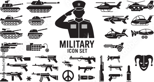 Military Icon Set with Tanks, Helicopters, Rifles, and Soldier on Transparent Backdrop