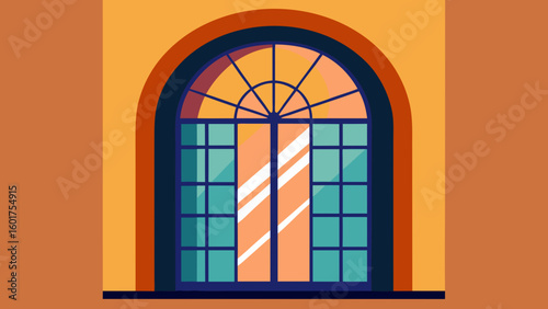 A beautiful arched window with multiple panes and a fanlight is centered in a terracotta-colored wall, with light reflecting off the glass.