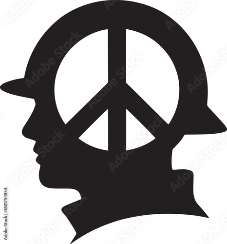 Peace Symbol Silhouette in Soldier's Helmet Anti-War Protest on Transparent Background