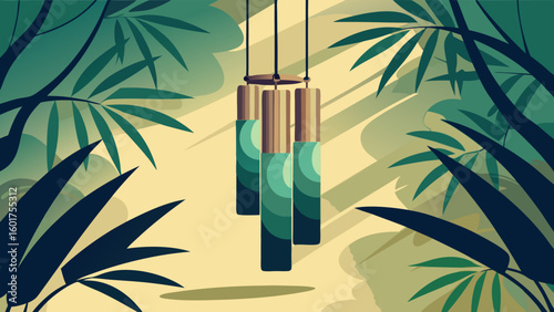 A set of teal and gold wind chimes hangs gently, framed by lush, stylized tropical foliage in varying shades of green, suggesting a peaceful, natural ambiance.