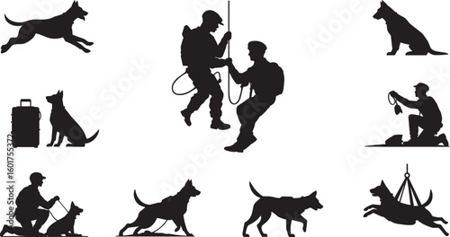 Search and Rescue Dog Team Silhouette Icons on Transparent Background for Professionals