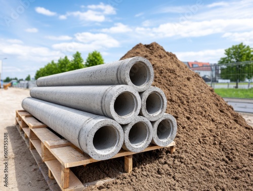 Wallpaper Mural Concrete pipes stacked on a wooden pallet, next to a pile of dirt at a construction site, under a blue sky. Torontodigital.ca