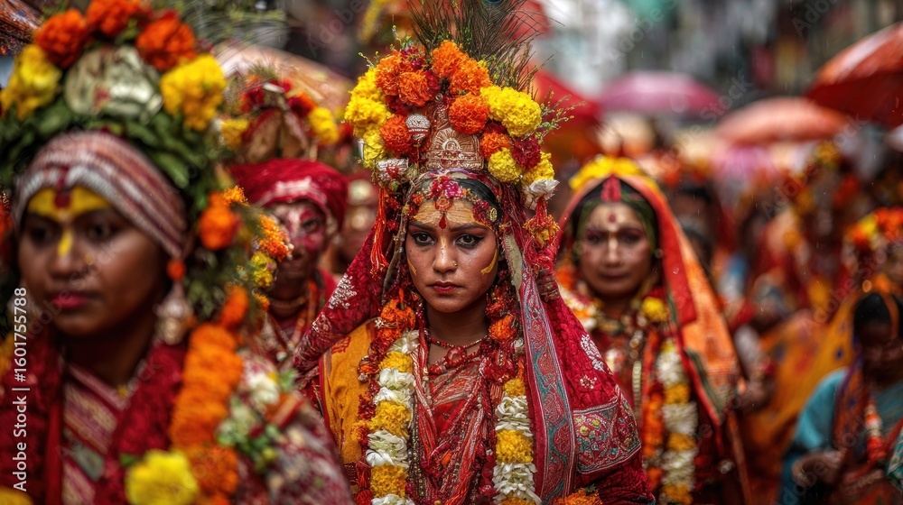 Fototapeta premium Vibrant Indian Festive Procession: A Cultural Tapestry of Color and Tradition