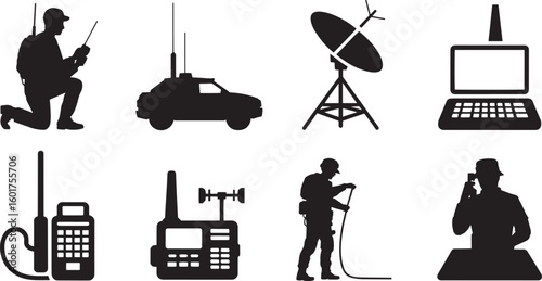Silhouette Communication Technology Icons Set Military Equipment Radio Satellite Laptop Walkie Talkie