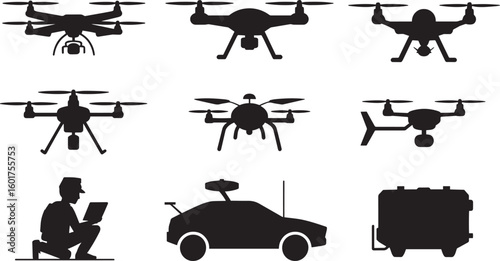 Silhouette Drone Icons Set Unmanned Aerial Vehicle UAV Quadcopter Remote Control Technology