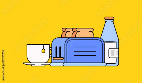 Breakfast scene featuring a toaster with slices of bread, a cup of tea, a milk carton, and a glass bottle vector illustration cartoon Ideal for food blogs, breakfast menus, or kitchen