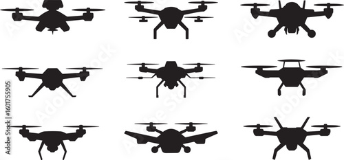 Silhouette Drone Icons Set Unmanned Aerial Vehicle UAV Quadcopter Remote Control Technology