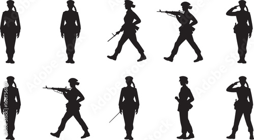 Silhouette Illustration of Military Personnel in Various Poses with Rifles and Swords