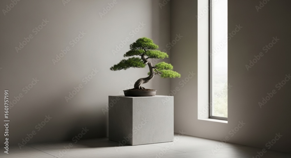Fototapeta premium A miniature bonsai tree on a concrete pedestal in a minimalist room with a tall window.
