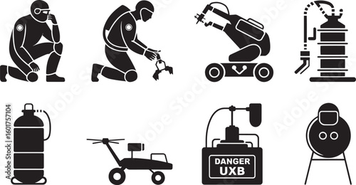 Silhouette of Hazardous Material Personnel and Equipment on Transparent Background Vector