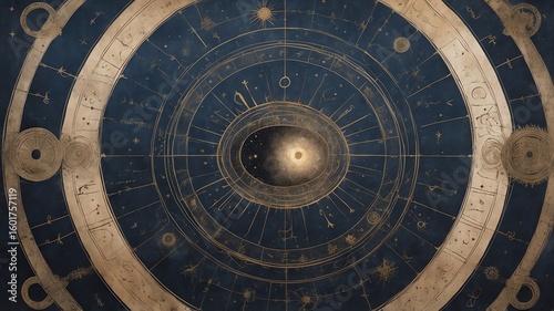 Celestial Chart of Constellations Zodiac and Planets on Navy Backdrop