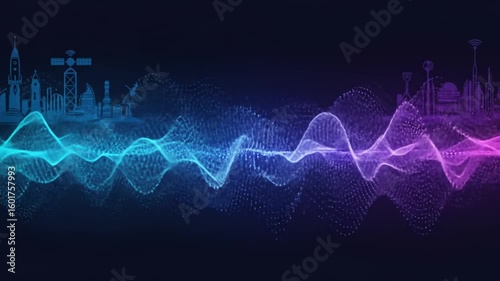 Abstract blue to purple gradient background with city silhouettes and a flowing wave pattern