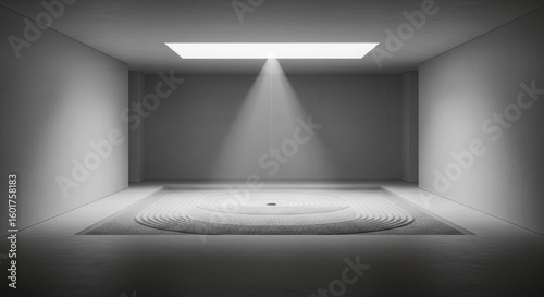 A minimalist room with a raked zen garden, illuminated by a single beam of light from a skylight.