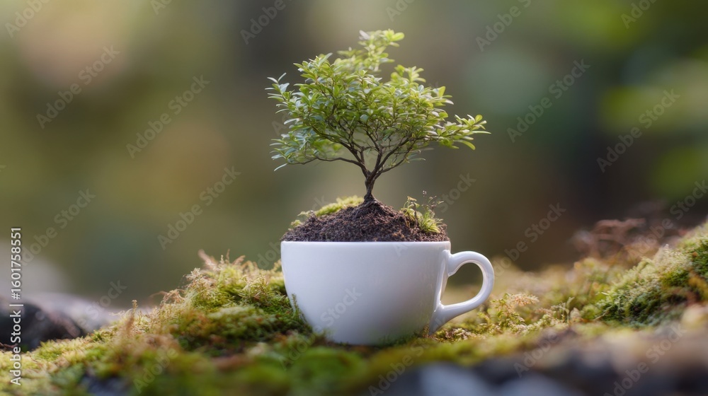 Symbolic image of life and growth, a tree from a coffee cup nestled in the wild Symbolic image of life and growth, a tree from a coffee cup nestled in the wild