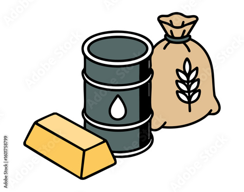 Oil Barrel, Gold Bar and Money Bag – Commodity Market Icon Set